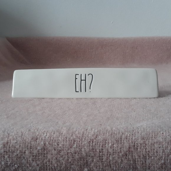 Rae Dunn Triangular Ceramic Desk Sign "Eh?", White with Black Lettering - Picture 1 of 5